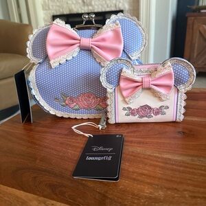 Loungefly Minnie Mouse Floral & Lace Crossbody Kisslock Bag & Wallet NWT